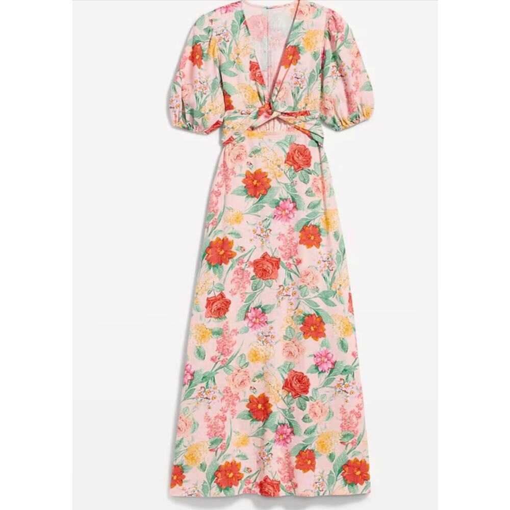 Old Navy Linen Blend Floral Pink Maxi Dress XL Cottage Coquette Resort Garden